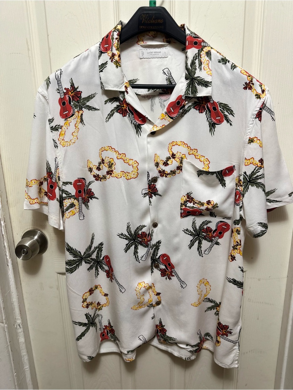 Lucky Brand Men's White Ukulele Lei Tropical Hawaiian Shirt Size L